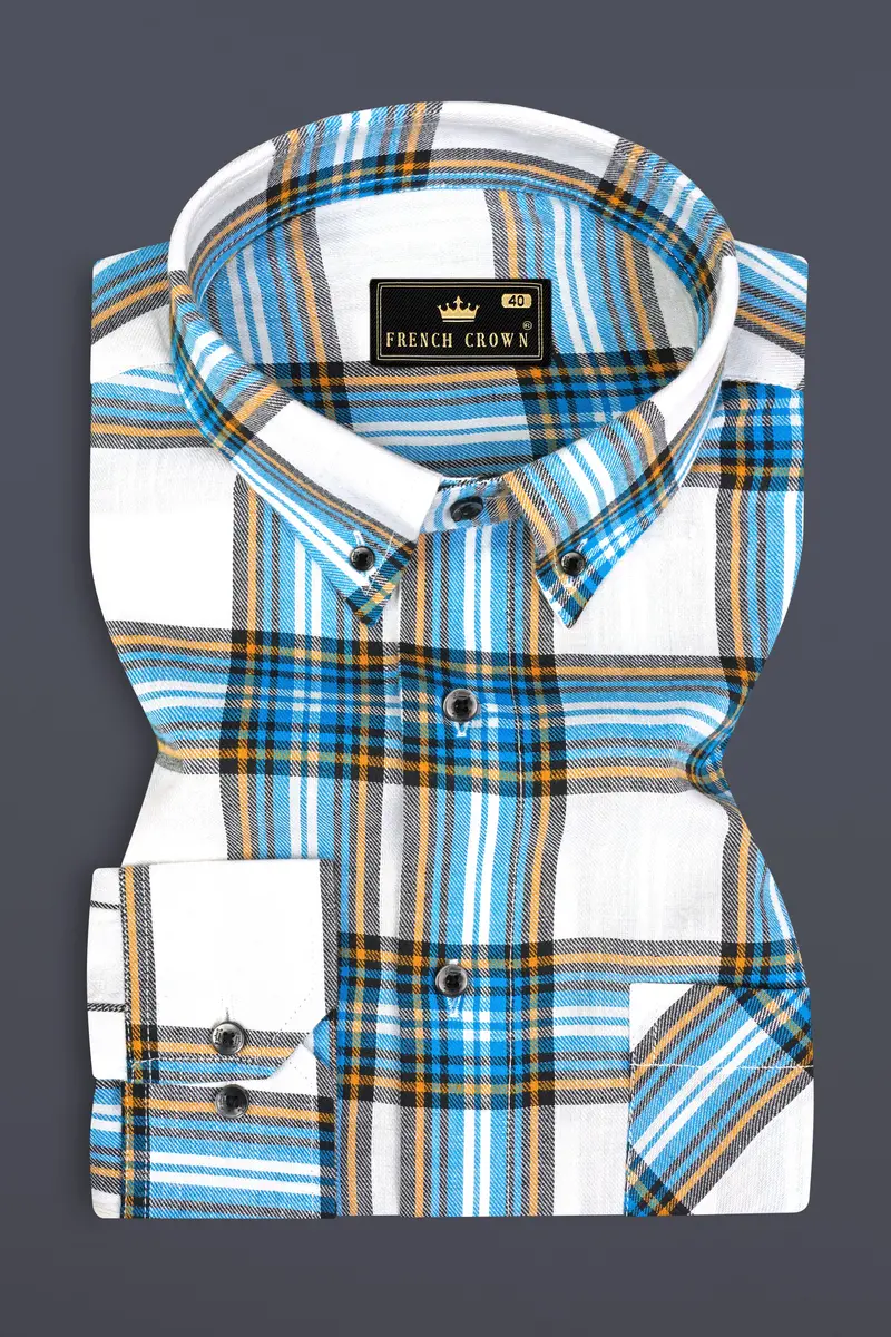 Bright White And Celestial Blue Twill Plaid Premium Cotton Shirt 3