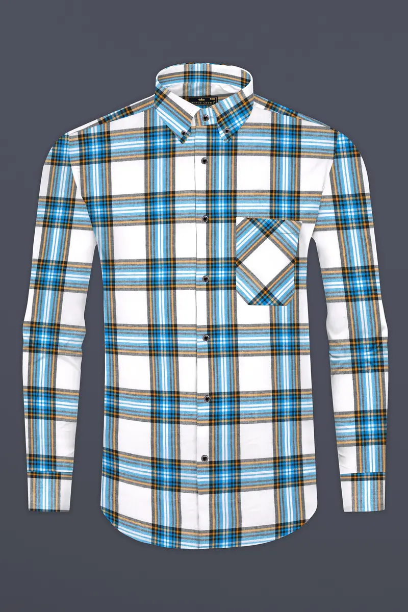 Bright White And Celestial Blue Twill Plaid Premium Cotton Shirt 4