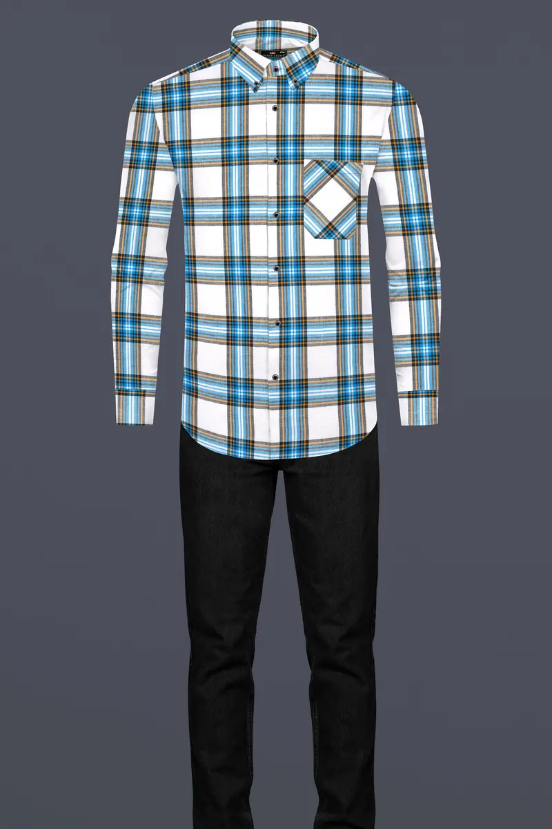 Bright White And Celestial Blue Twill Plaid Premium Cotton Shirt 6