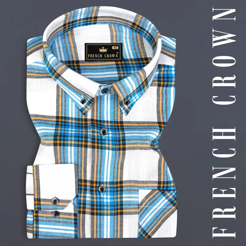 Bright White And Celestial Blue Twill Plaid Premium Cotton Shirt 7