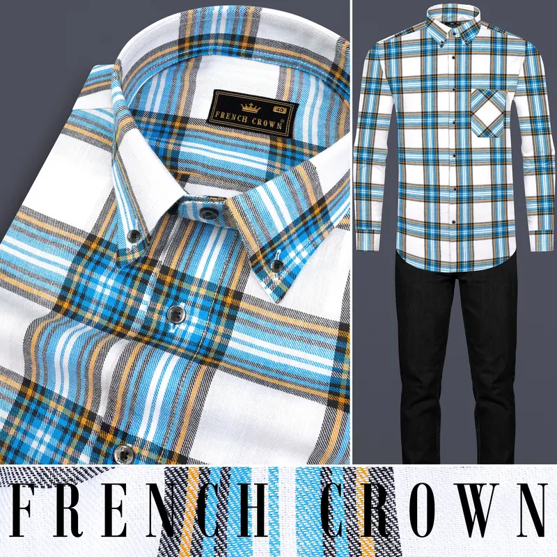 Bright White And Celestial Blue Twill Plaid Premium Cotton Shirt 9