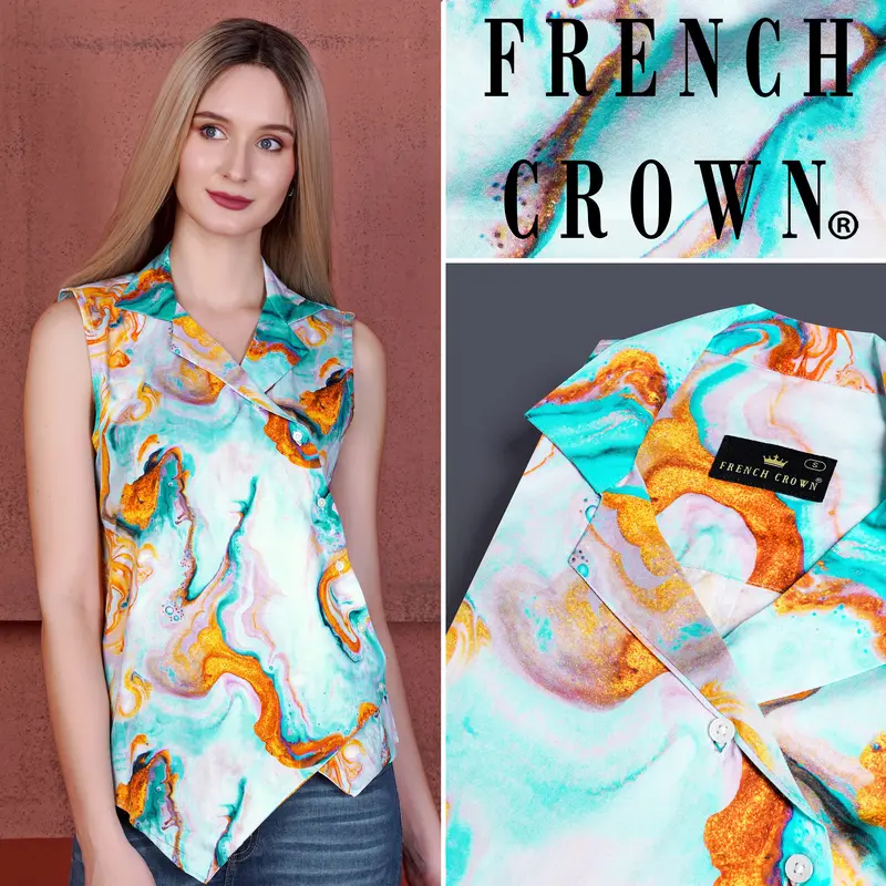 Bright White And Cerulean Blue Marble Printed Premium Cotton Designer Shirt 1