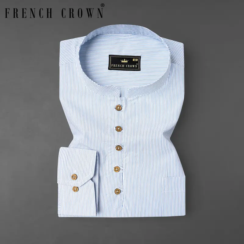 Bright White And Cerulean Blue Pinstriped Premium Cotton Kurta Shirt 1
