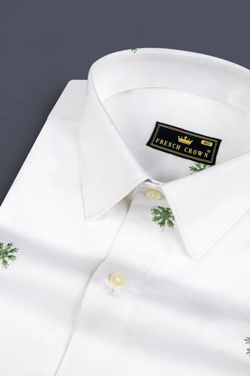 Bright White And Chalet Green Butta Embroidered Premium Cotton Shirt 1