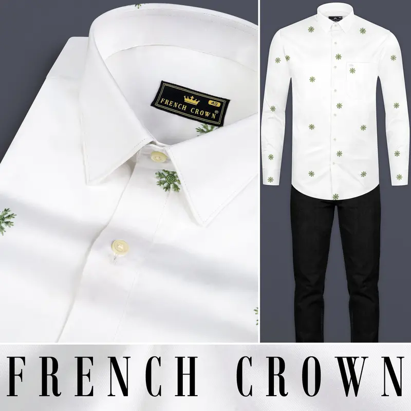 Bright White And Chalet Green Butta Embroidered Premium Cotton Shirt 10