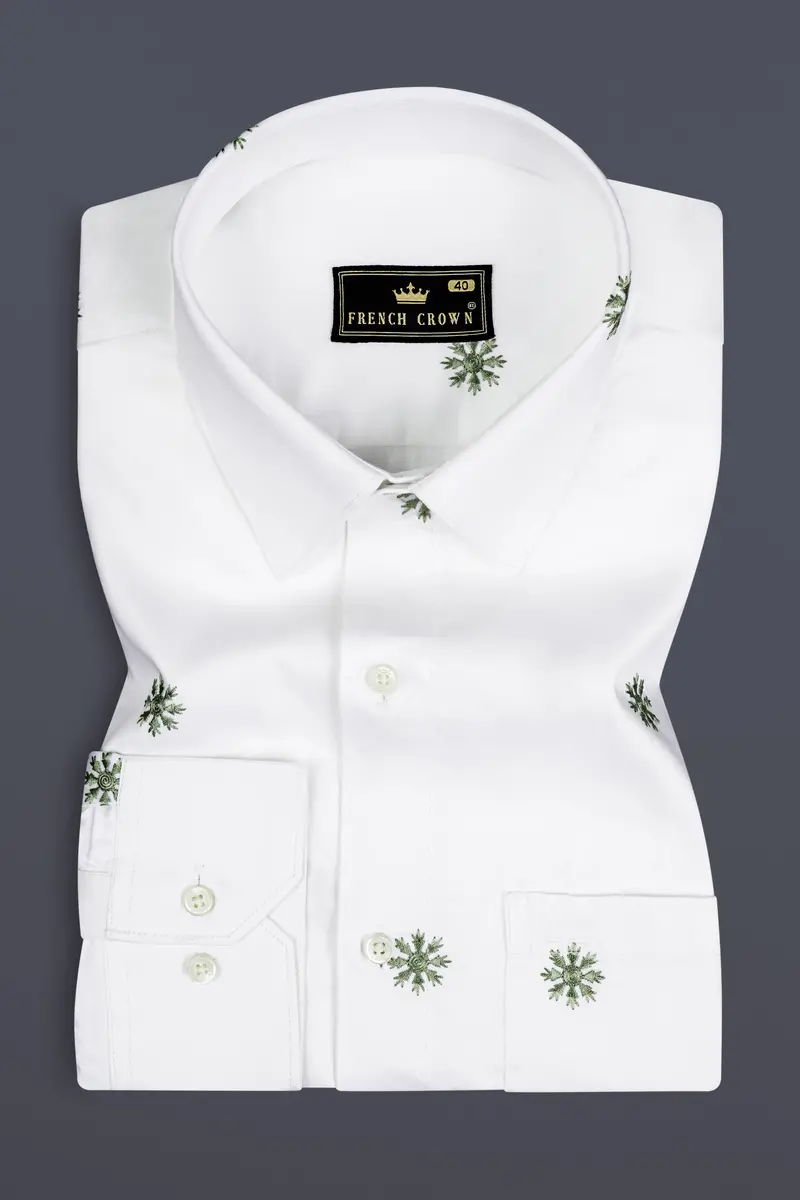 Bright White And Chalet Green Butta Embroidered Premium Cotton Shirt 3