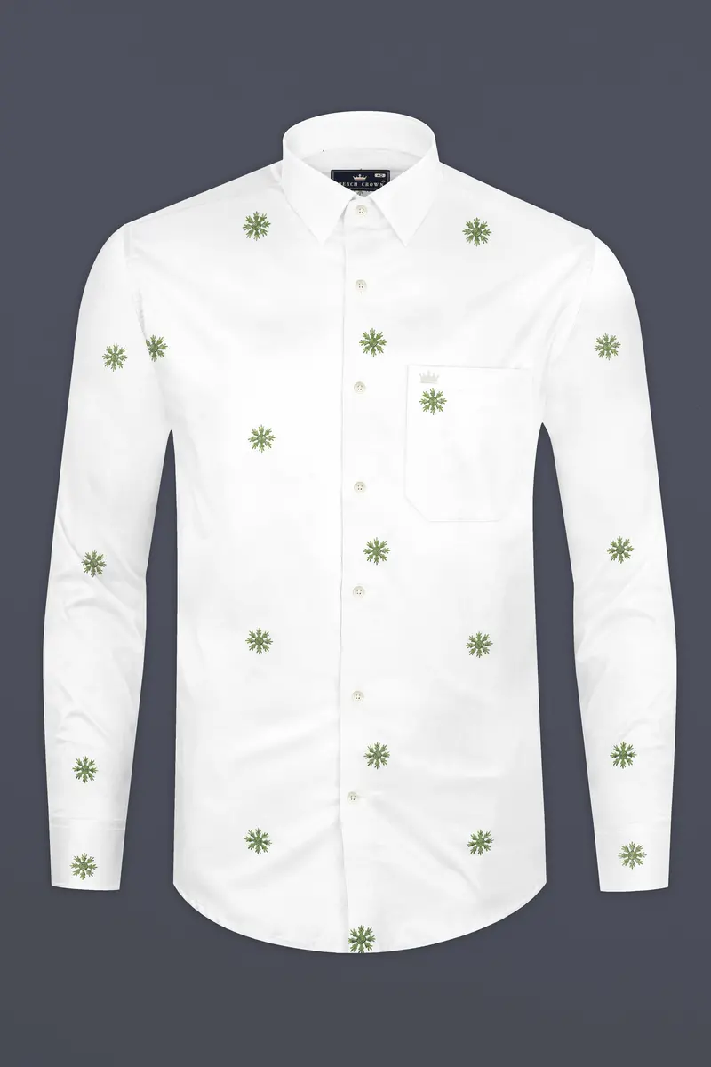 Bright White And Chalet Green Butta Embroidered Premium Cotton Shirt 4