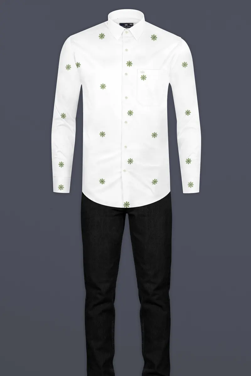 Bright White And Chalet Green Butta Embroidered Premium Cotton Shirt 6