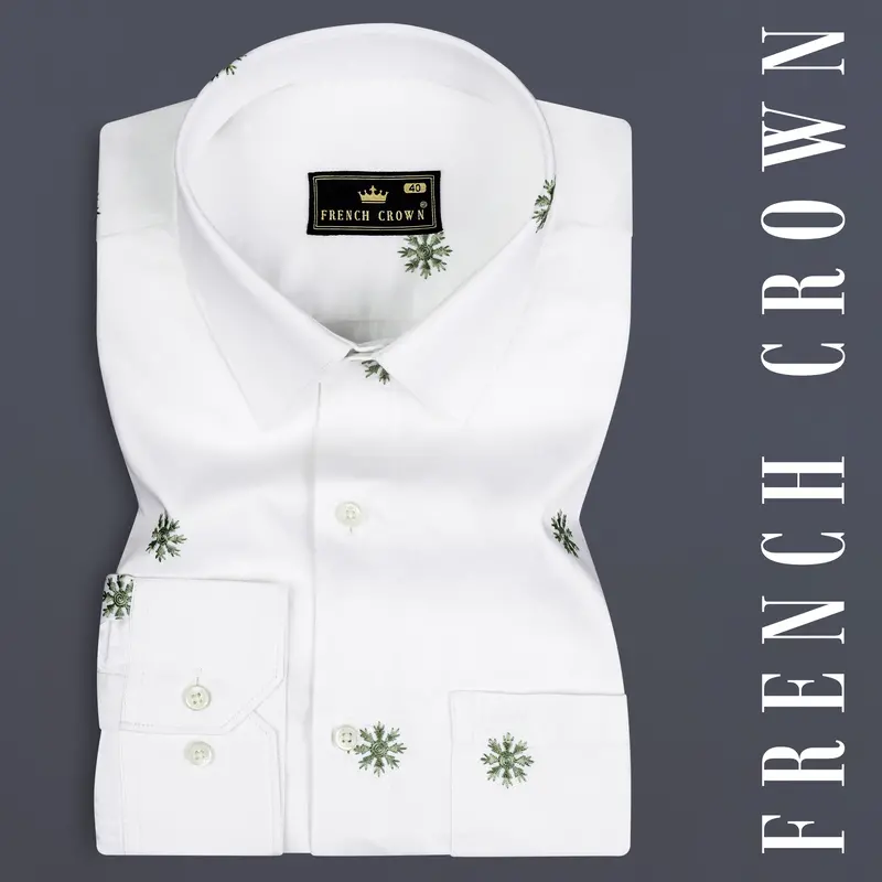 Bright White And Chalet Green Butta Embroidered Premium Cotton Shirt 7