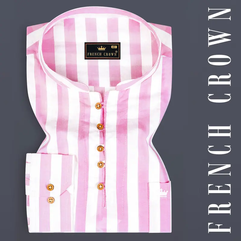 Bright White And Cherub Pink Striped Premium Cotton Kurta Shirt 1