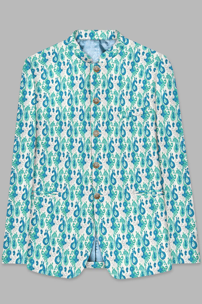 Bright White And Curious Blue Designer Thread Embroidered Bandhgala Jodhpuri 2