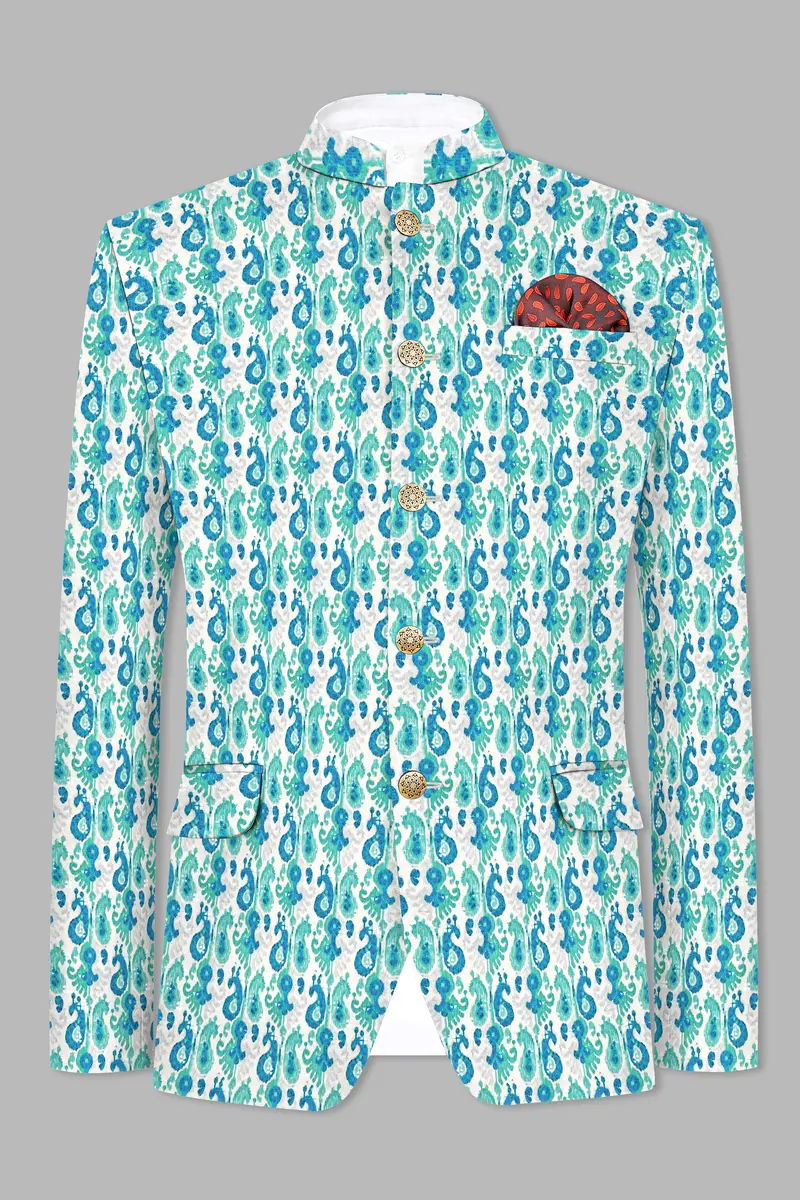 Bright White And Curious Blue Designer Thread Embroidered Bandhgala Jodhpuri 6