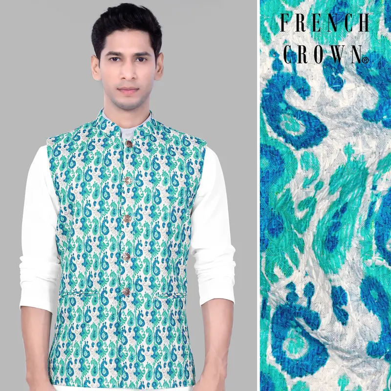 Bright White And Curious Blue Designer Thread Embroidered Nehru Jacket 1