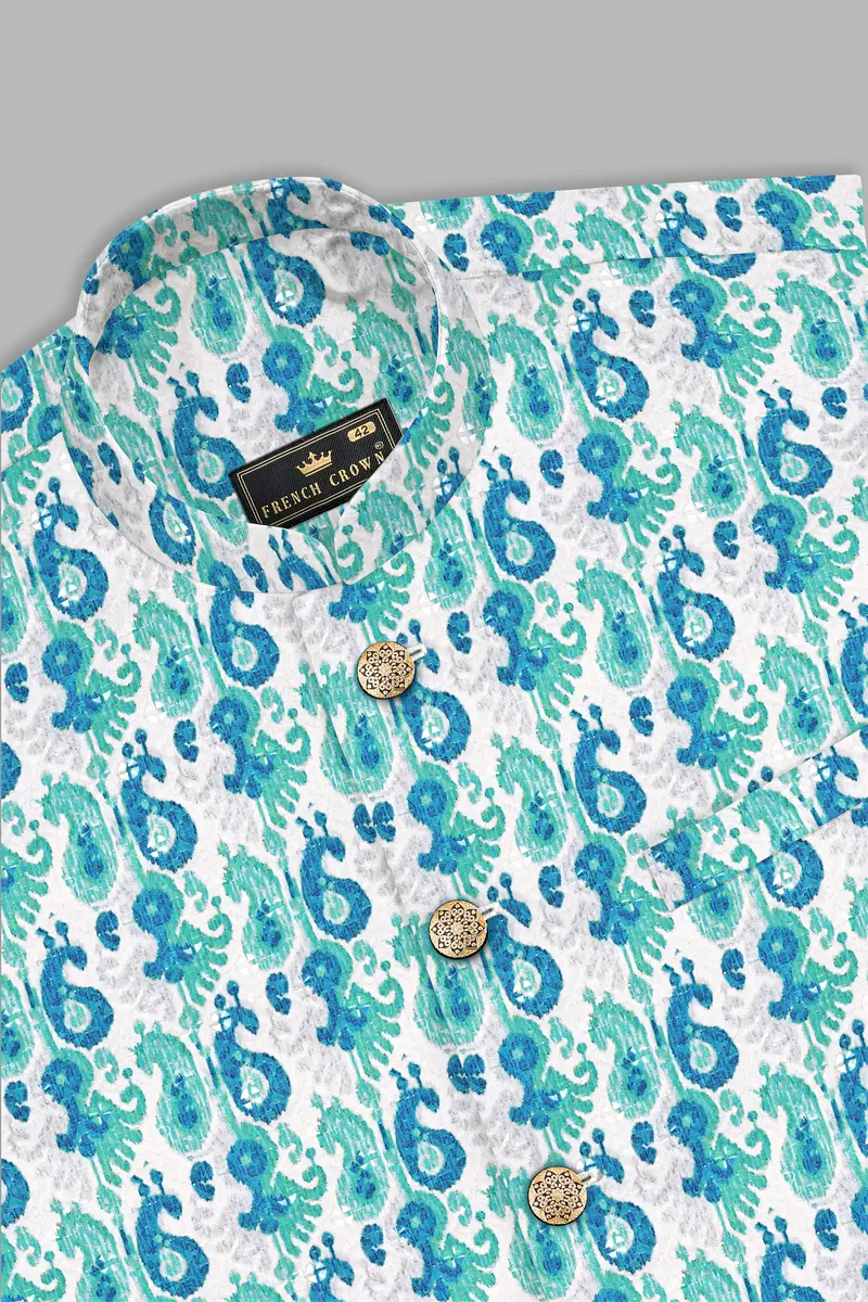 Bright White And Curious Blue Designer Thread Embroidered Nehru Jacket 10