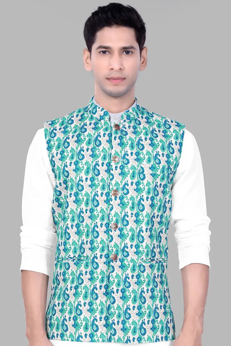 Bright White And Curious Blue Designer Thread Embroidered Nehru Jacket 2