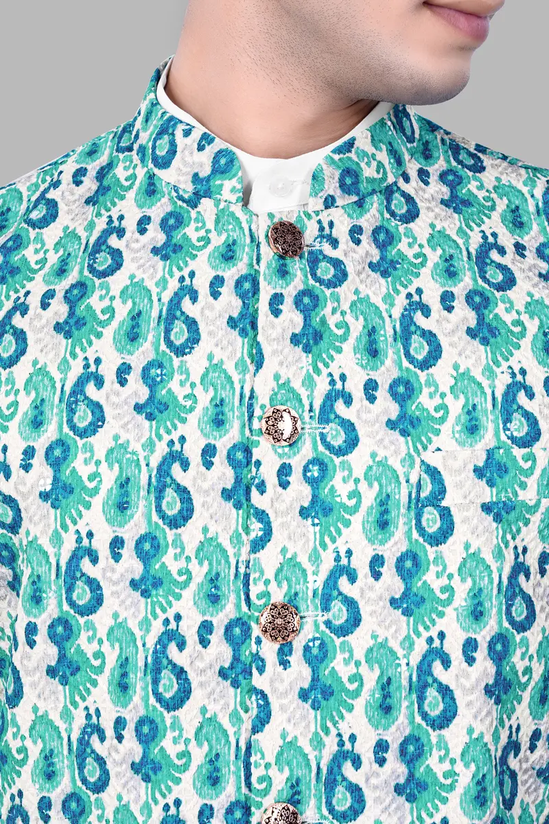 Bright White And Curious Blue Designer Thread Embroidered Nehru Jacket 4