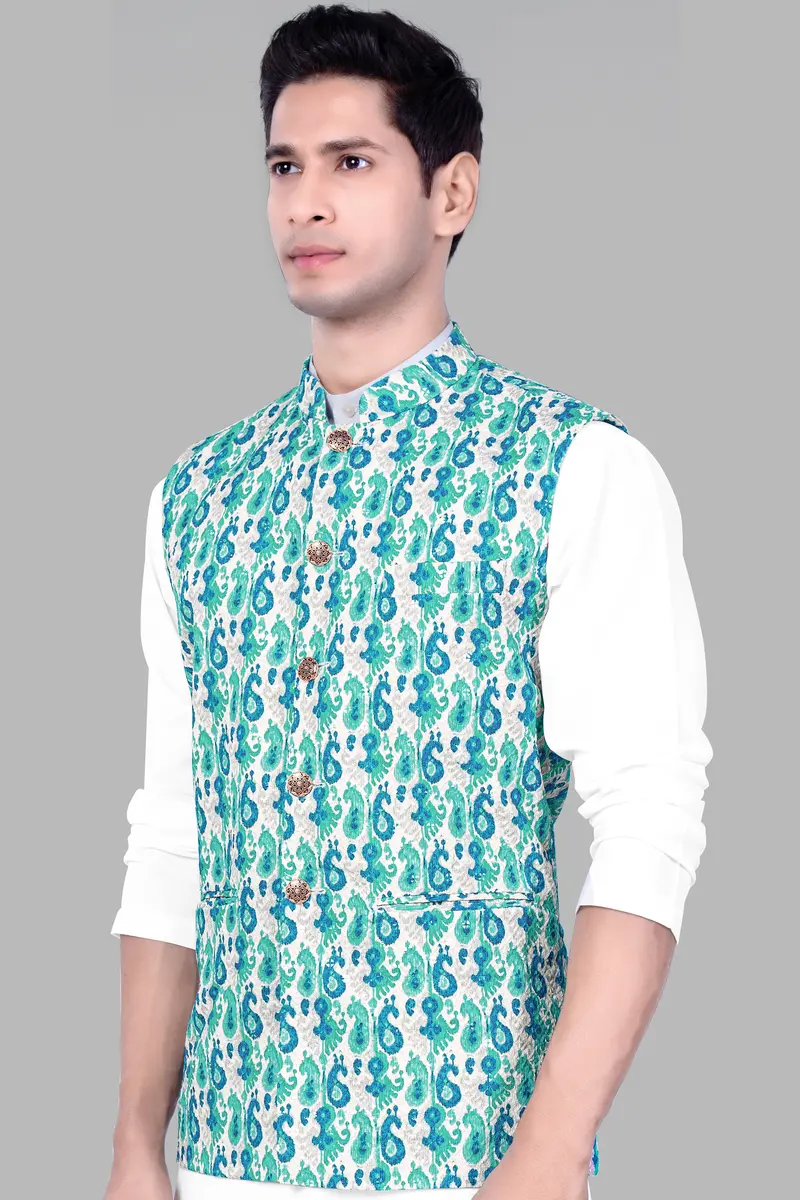 Bright White And Curious Blue Designer Thread Embroidered Nehru Jacket 5