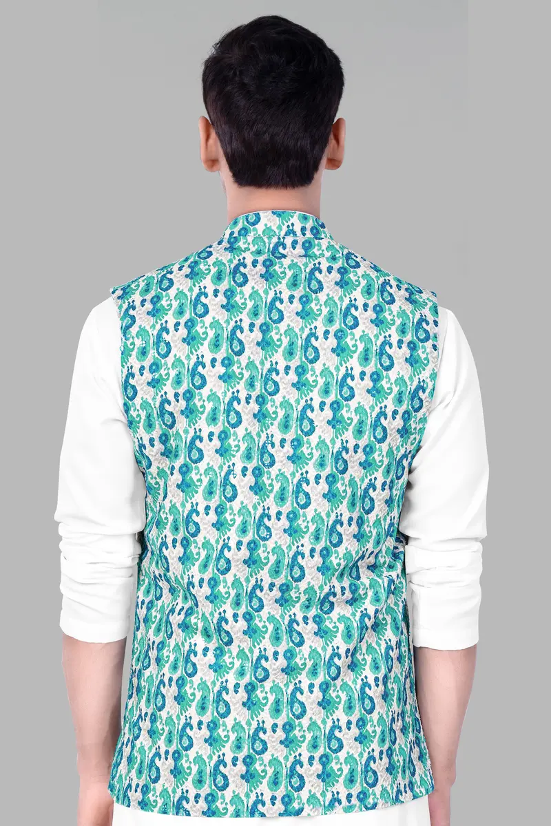 Bright White And Curious Blue Designer Thread Embroidered Nehru Jacket 6