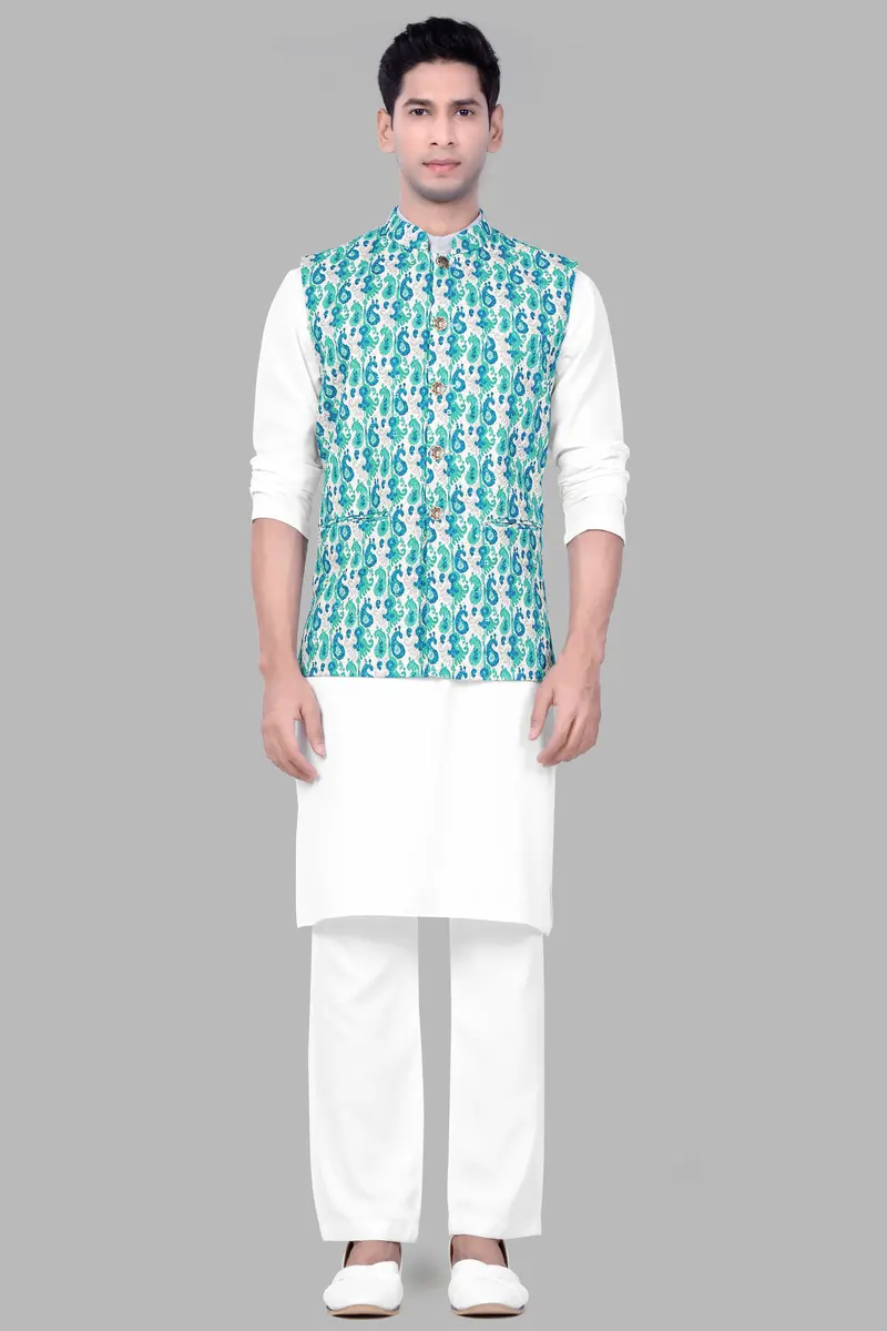 Bright White And Curious Blue Designer Thread Embroidered Nehru Jacket 7