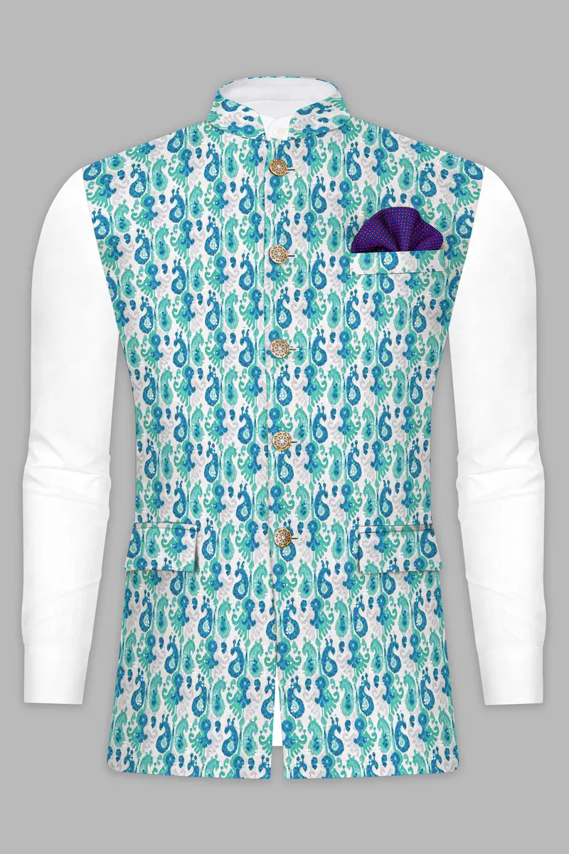 Bright White And Curious Blue Designer Thread Embroidered Nehru Jacket 8