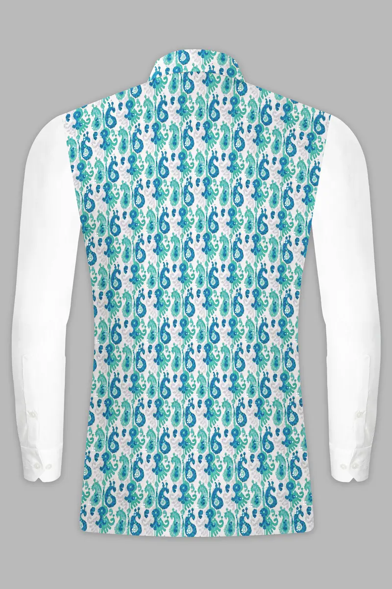 Bright White And Curious Blue Designer Thread Embroidered Nehru Jacket 9