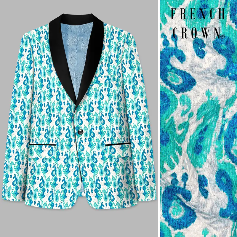 Bright White And Curious Blue Designer Thread Embroidered Tuxedo Blazer 1