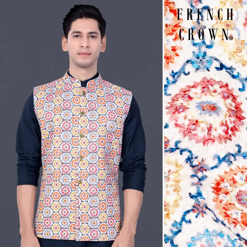 Bright White And Cyan Blue Multicolour Thread Embroidered Nehru Jacket 1