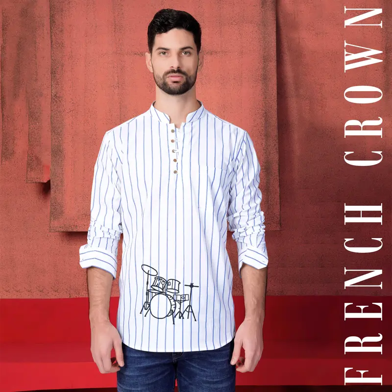 Bright White And Danube Blue Striped With Drum Set Embroidered Premium Cotton Designer Kurta Shirt 1