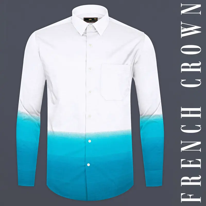 Bright White And Dark Turquoise Blue Chambray Textured Premium Cotton Shirt 1