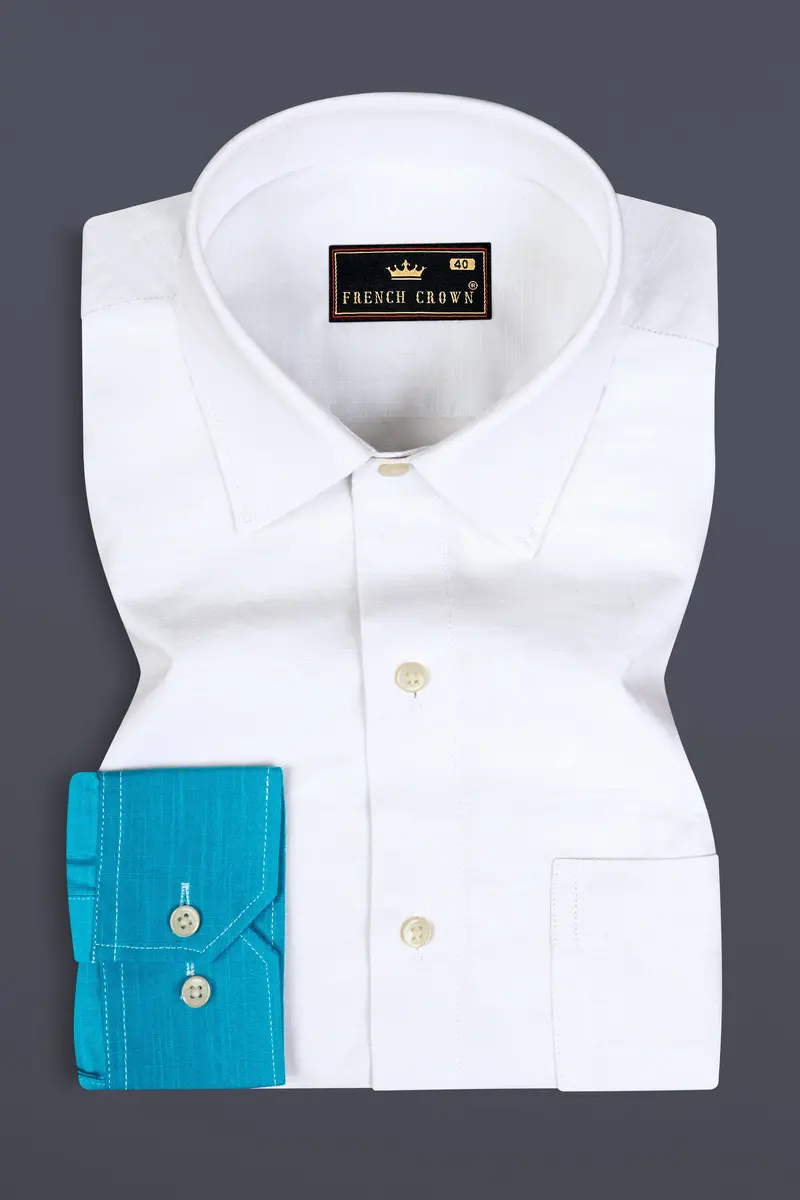 Bright White And Dark Turquoise Blue Chambray Textured Premium Cotton Shirt 5