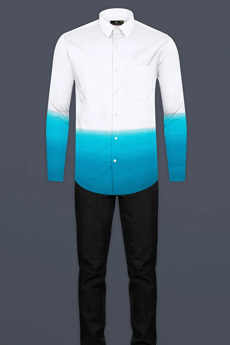 Bright White And Dark Turquoise Blue Chambray Textured Premium Cotton Shirt 7