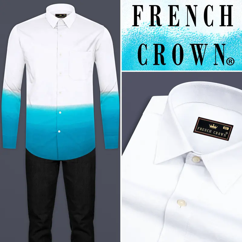 Bright White And Dark Turquoise Blue Chambray Textured Premium Cotton Shirt 8