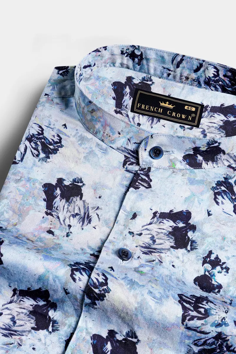 Bright White And Downriver Blue Abstract Printed Subtle Sheen Super Soft Premium Cotton Shirt 1