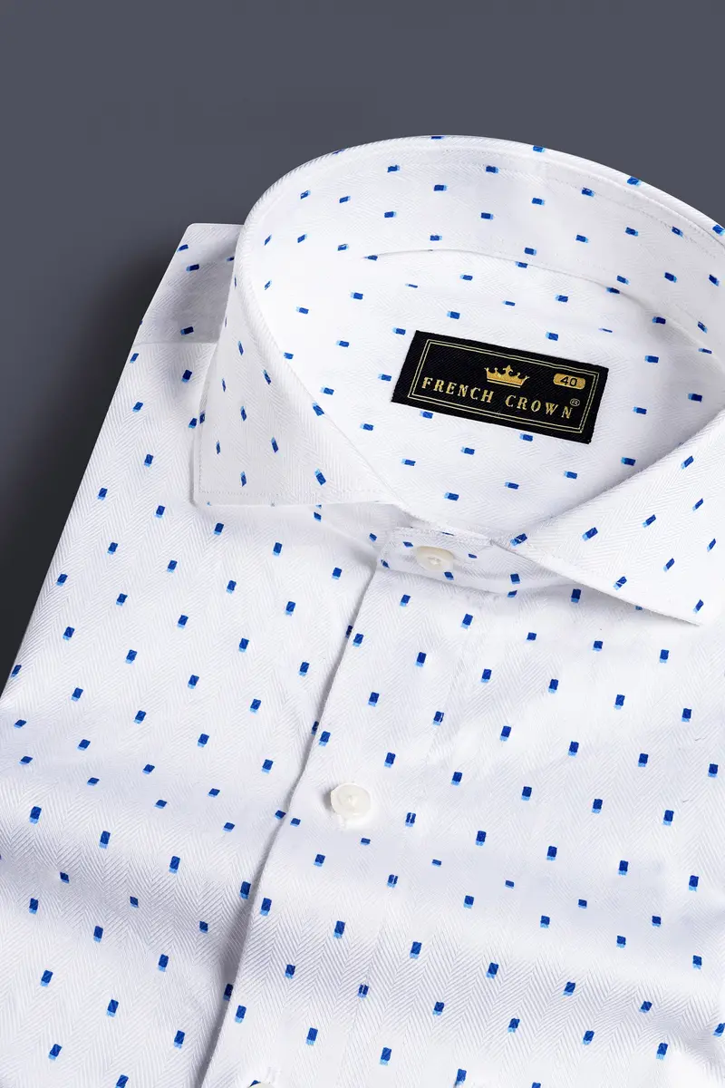 Bright White And Downriver Blue Printed Herringbone Shirt 1