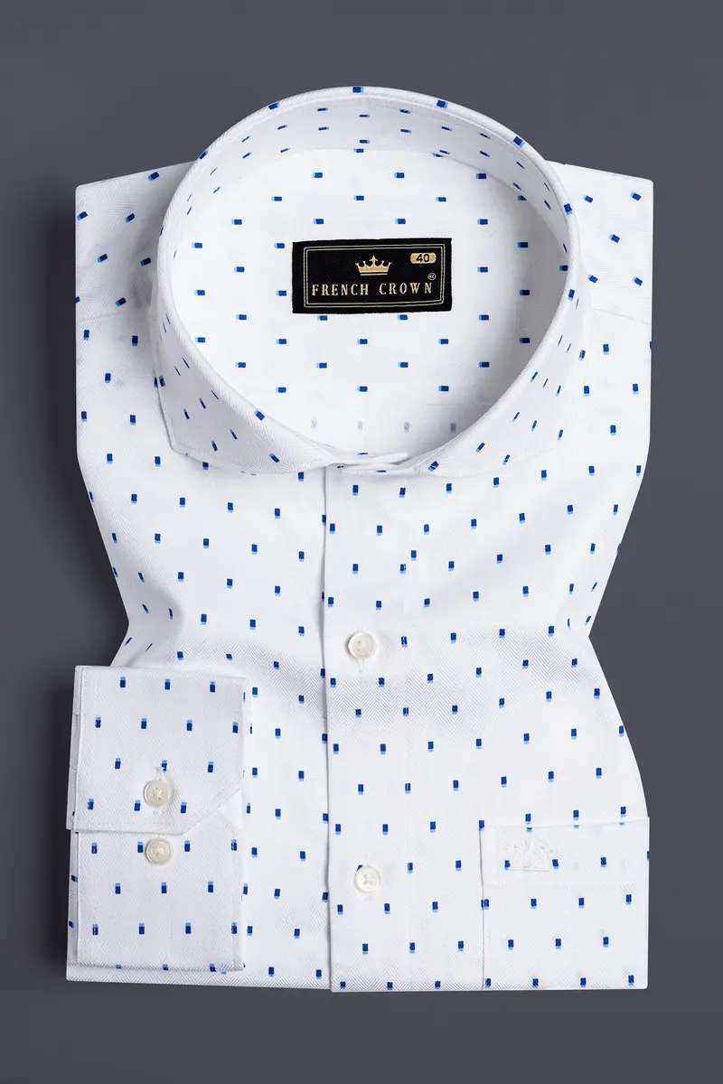Bright White And Downriver Blue Printed Herringbone Shirt 3