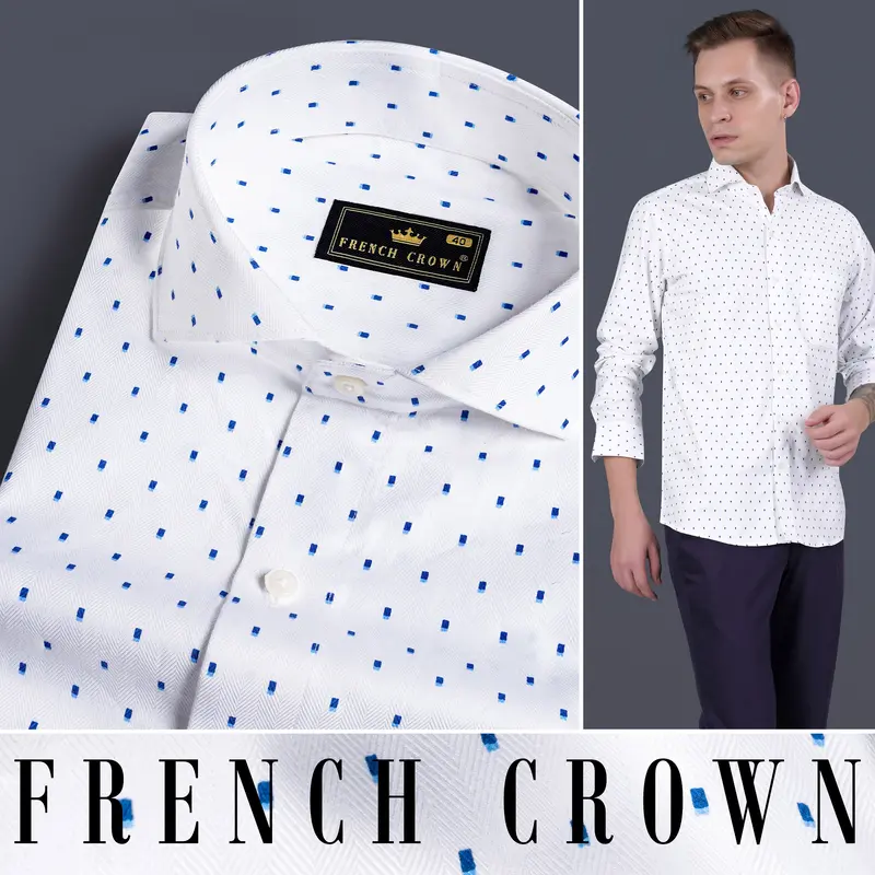 Bright White And Downriver Blue Printed Herringbone Shirt 4