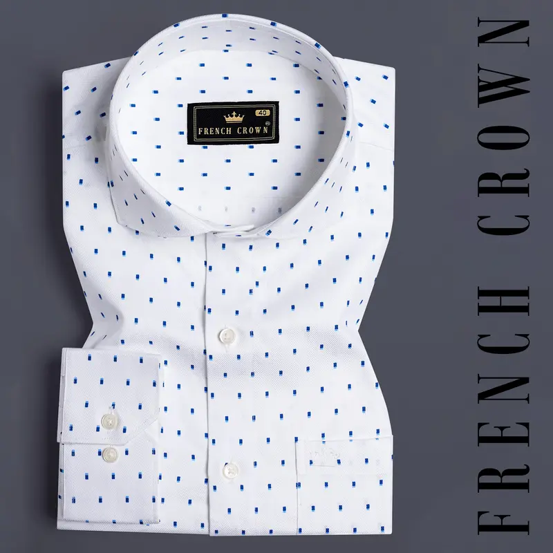 Bright White And Downriver Blue Printed Herringbone Shirt 7