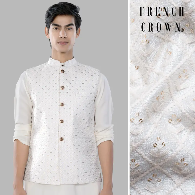 Bright White And Ecru Cream Geometric Thread And Sequin Embroidered Designer Nehru Jacket 1