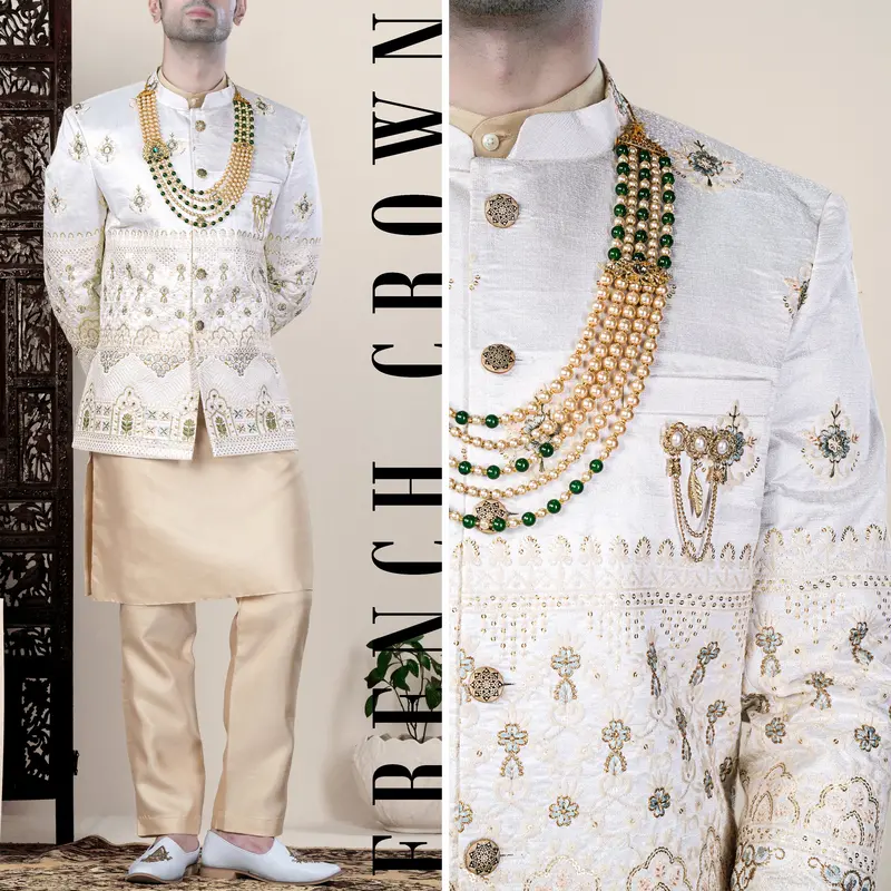 Bright White And Finch Green Floral Thread And Sequin Embroidered Jodhpuri 1