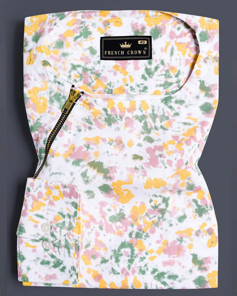 Bright White And Flamingo Pink Multicolour Abstract Printed Twill Premium Cotton Short Kurta Designer Shirt 1