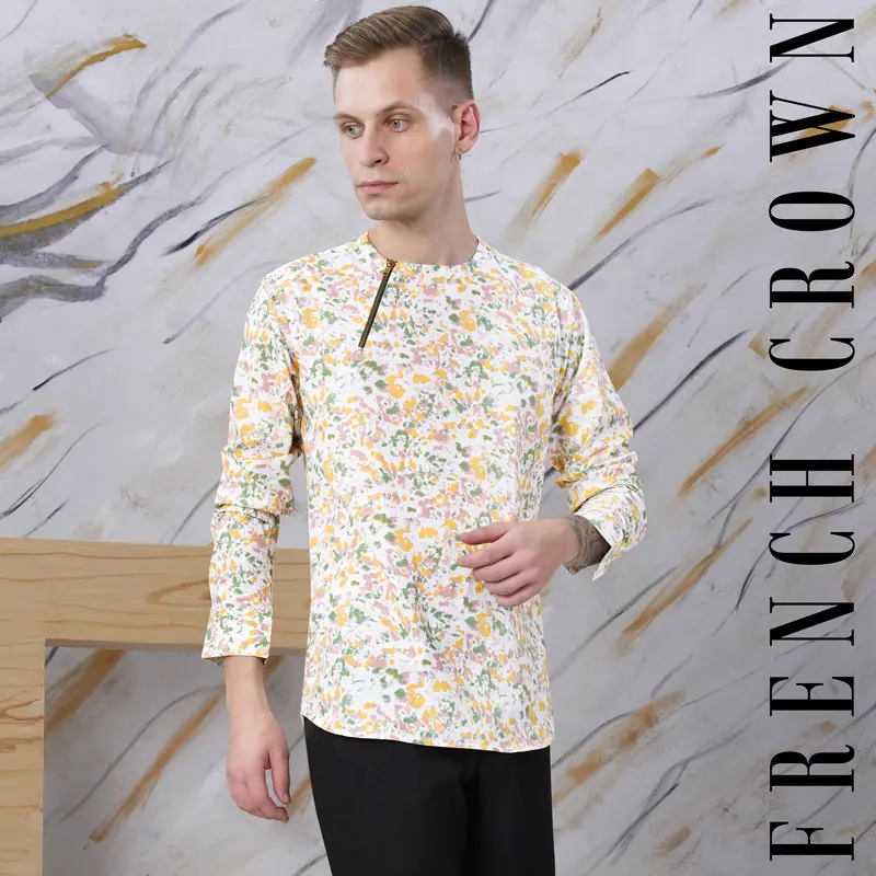 Bright White And Flamingo Pink Multicolour Abstract Printed Twill Premium Cotton Short Kurta Designer Shirt 11