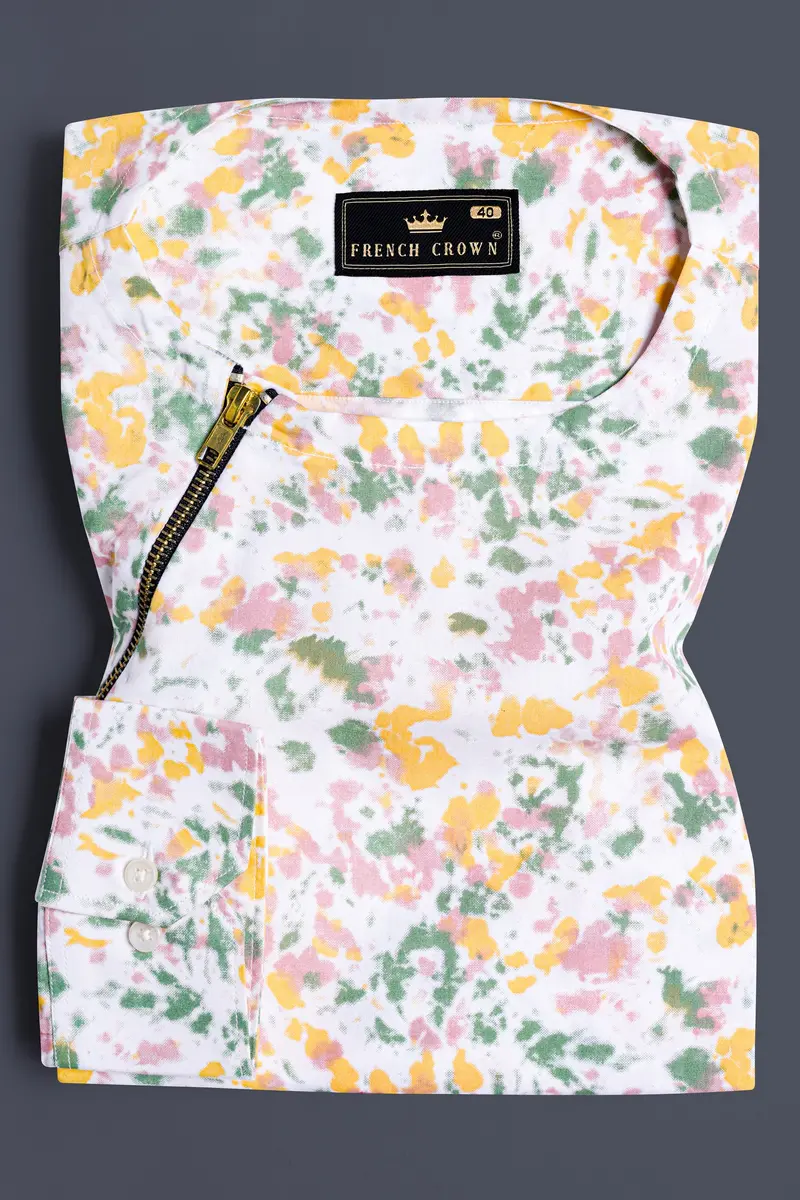 Bright White And Flamingo Pink Multicolour Abstract Printed Twill Premium Cotton Short Kurta Designer Shirt 2