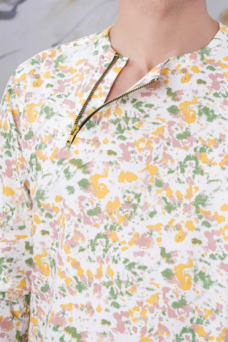 Bright White And Flamingo Pink Multicolour Abstract Printed Twill Premium Cotton Short Kurta Designer Shirt 5