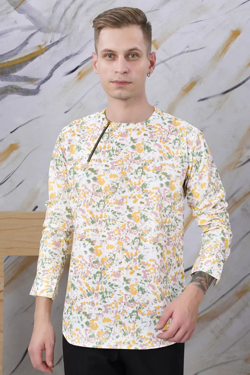 Bright White And Flamingo Pink Multicolour Abstract Printed Twill Premium Cotton Short Kurta Designer Shirt 6
