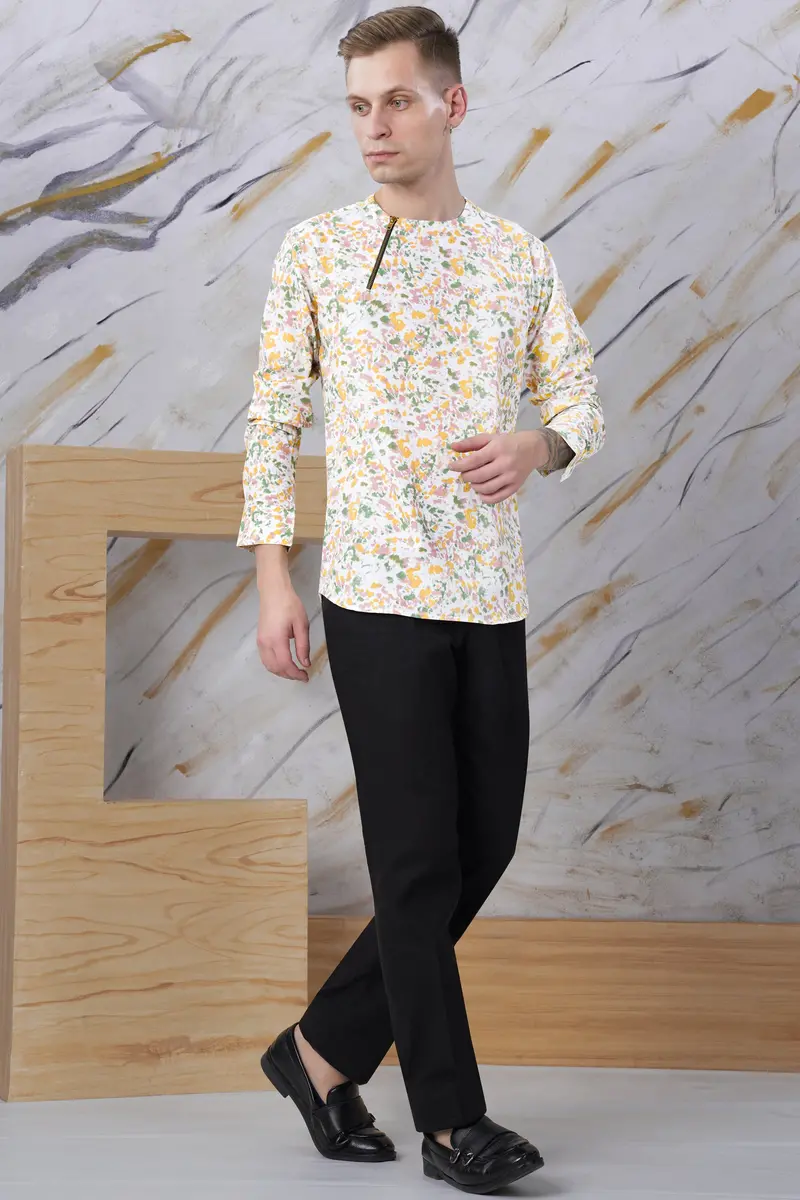Bright White And Flamingo Pink Multicolour Abstract Printed Twill Premium Cotton Short Kurta Designer Shirt 7