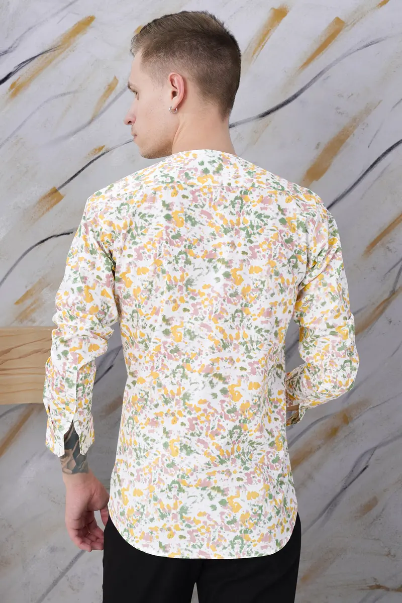 Bright White And Flamingo Pink Multicolour Abstract Printed Twill Premium Cotton Short Kurta Designer Shirt 8