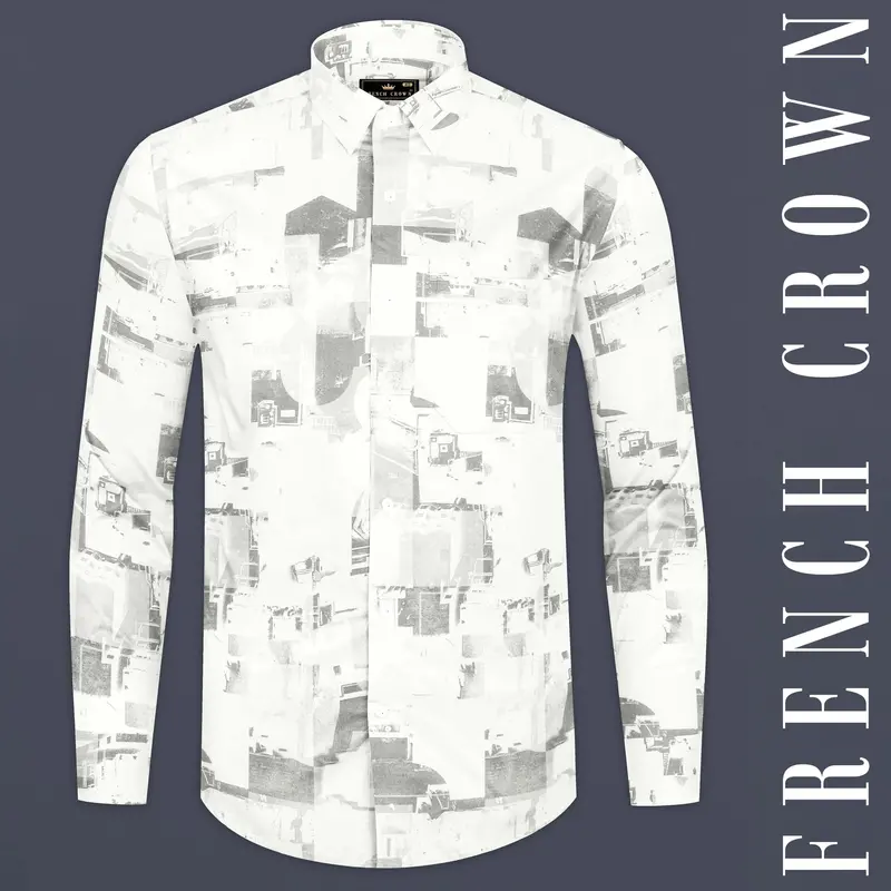 Bright White And Flint Gray Abstract Printed Subtle Sheen Super Soft Premium Cotton Shirt 1