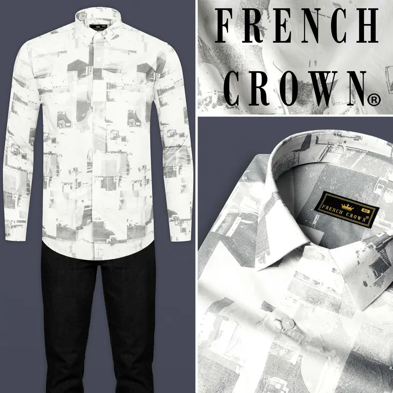 Bright White And Flint Gray Abstract Printed Subtle Sheen Super Soft Premium Cotton Shirt 10