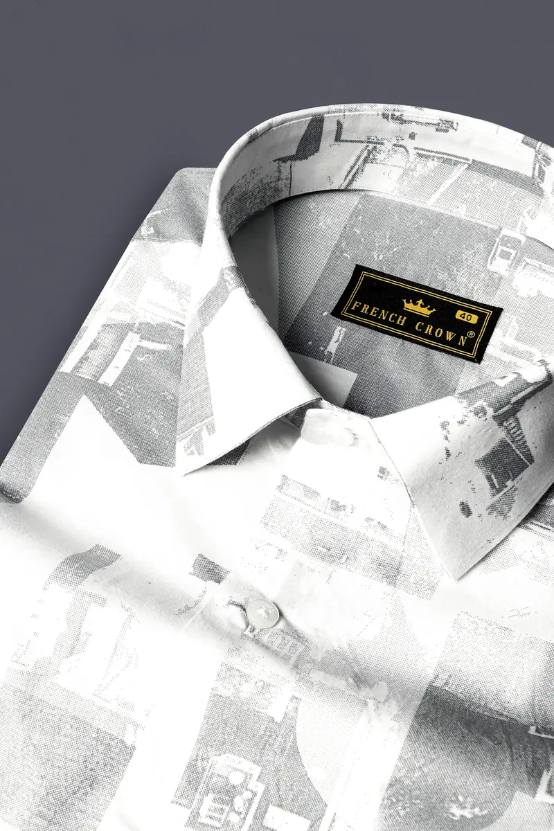 Bright White And Flint Gray Abstract Printed Subtle Sheen Super Soft Premium Cotton Shirt 4