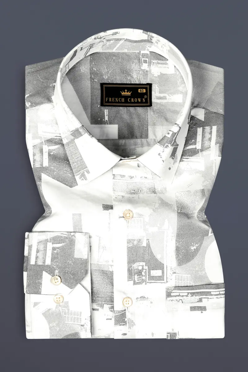 Bright White And Flint Gray Abstract Printed Subtle Sheen Super Soft Premium Cotton Shirt 5